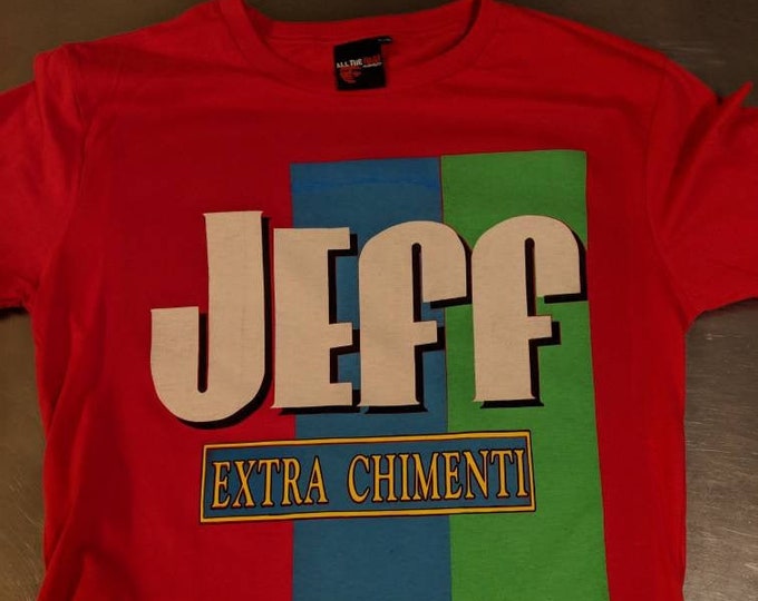 Jeff Extra Chimenti T-Shirt | Bold Retro Parody Graphic Tee | Red Unisex Shirt | Grateful-Inspired Gift