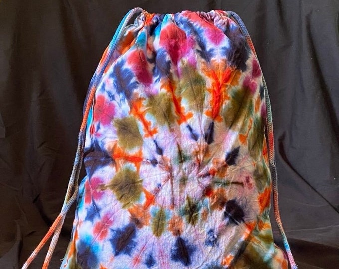 Dark Rainbow Tie-Dye Drawstring Backpack – Boho Festival Bag, Handmade Cotton Sack, Moody Spiral Gym Bag