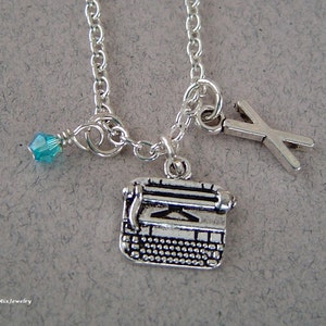 Typewriter Charm Necklace, Personalized Birthstone Initial, Antique Silver Typewriter Necklace