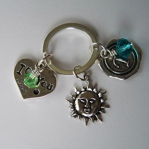 Silver Tone I Love you Heart and Antique Silver Sun Charms Personalized Keychain with Initial, 2 Birthstones; Best Gift, Birthday Key chain