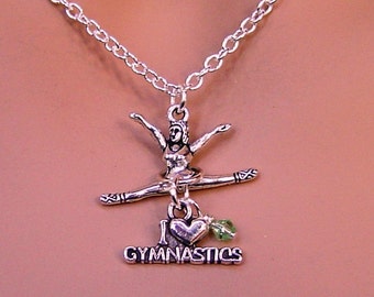 Personalized Necklace with Birthstone, Gymnast and "I love Gymnastics" Tag Necklace for Gymnastics team Girl Mom Sister Friend