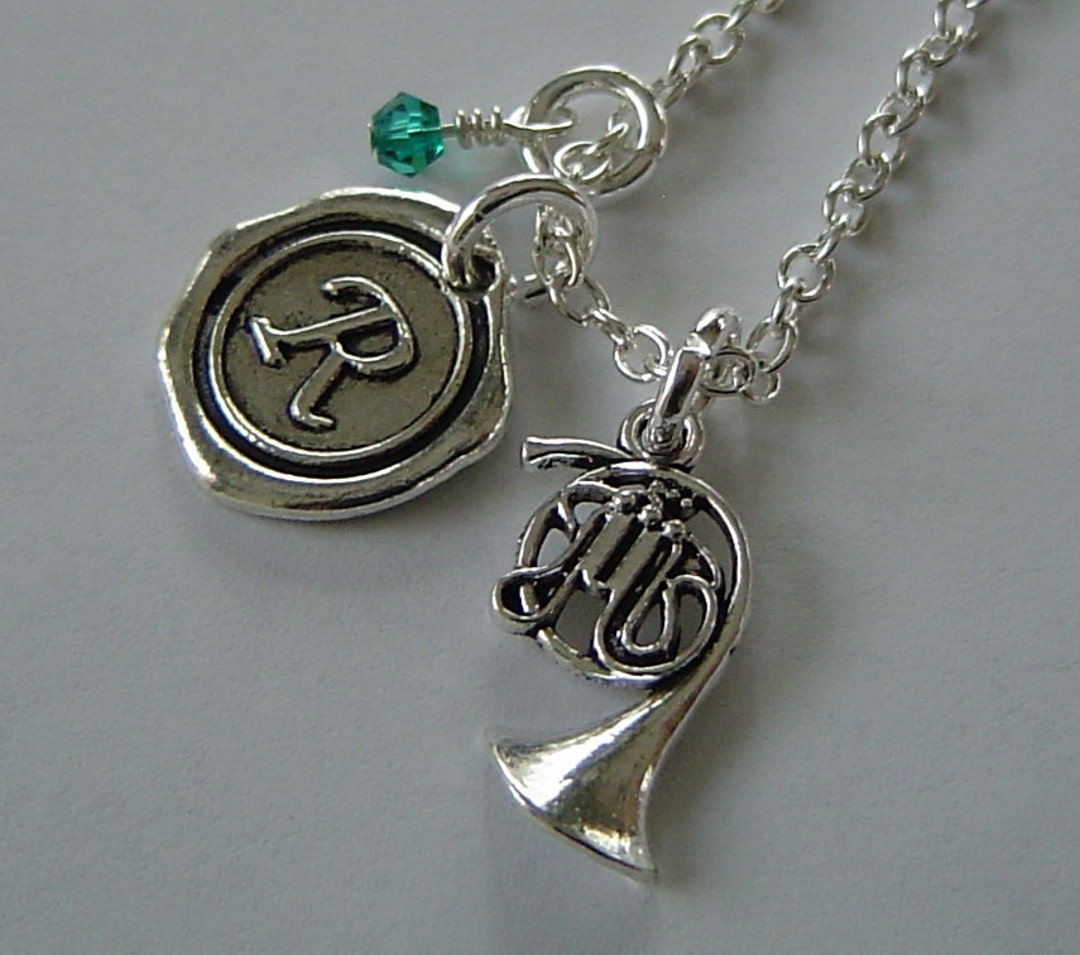 French Horn Necklace, Personalized Antique Silver Wax Seal Birthstone