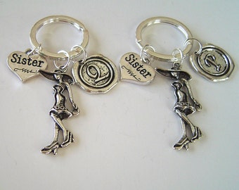 Pair of Girl Sister Heart  Best Friends Personalized Keychain with Initial, Friendship Gift for Sisters Friends