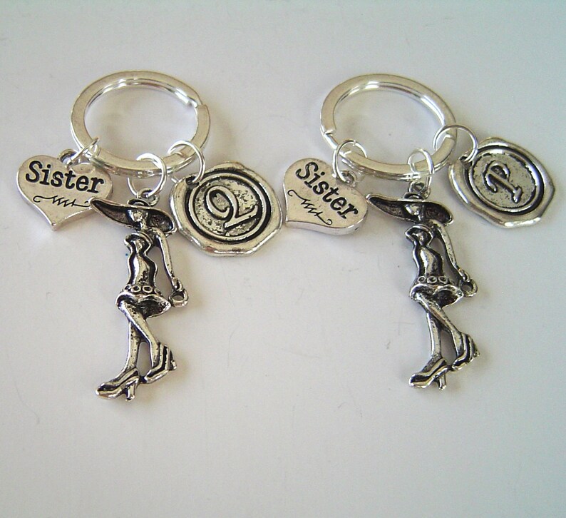 Pair of Girl Sister Heart Best Friends Personalized Keychain with Initial, Friendship Gift for Sisters Friends image 1