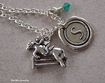 Equestrian necklace, Personalized Antique Silver Wax Seal Birthstone Initial, Antique Silver Jockey & Horse Jumping Fence  necklace