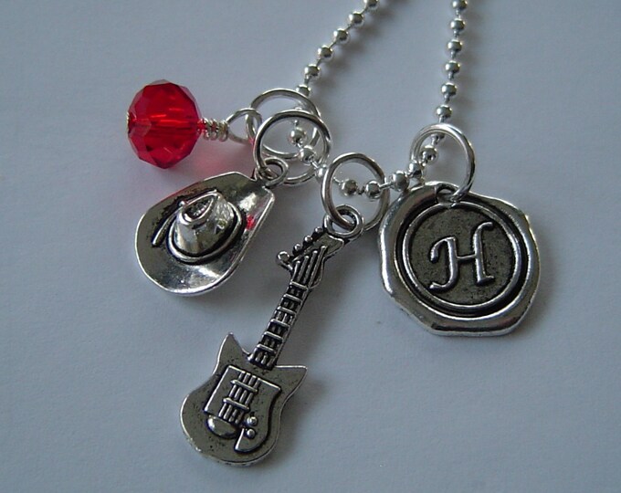 Country Music Fan Charm Necklace, Personalized Antique Silver Wax Seal Initial Birthstone, Monogram Cowboy Hat and Guitar Necklace