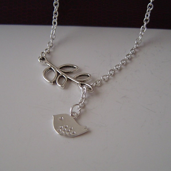 Personalized Necklace, Silver Plated Chain, Antique Silver leave, Silver Tone Bird for Girl, Mom, Dad, Sister,Friend