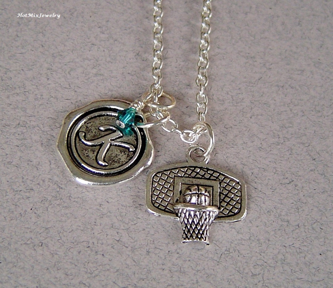 Basketball Hoop Necklace, Personalized Antique Silver Wax Seal Birthstone Initial, Antique