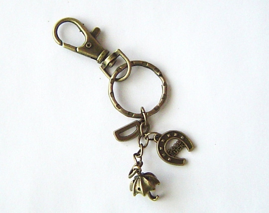Bronze Umbrella and good Luck Horseshoes Charm, Personalized Keychain