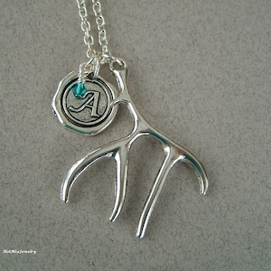 Large Deer Antler Charm Necklace, Personalized Antique Silver Wax Seal Birthstone Initial, Antique Silver Large Deer Antler Necklace
