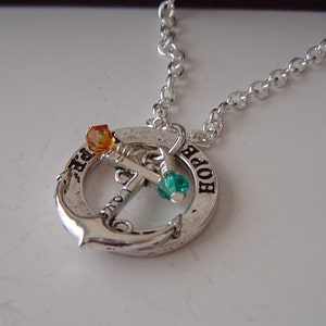 Personalized Necklace with Both Birthstones,3D Charm,Massage Washer “Hope”,Love Anchor tie 2 heart together for Boy,Girl,Valentines Day Gift
