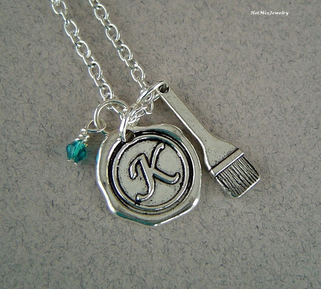 Artist Paint Brush Charm Necklace, Personalized Antique Silver Wax Seal