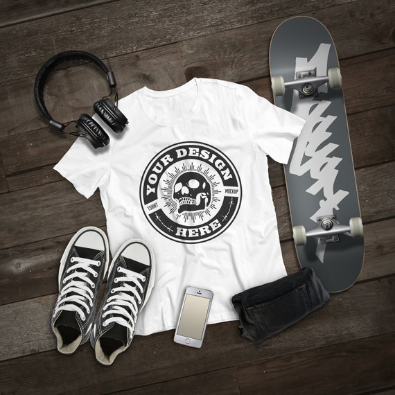 Download Skater White Mens T Shirt Mockup On Wood Background Etsy