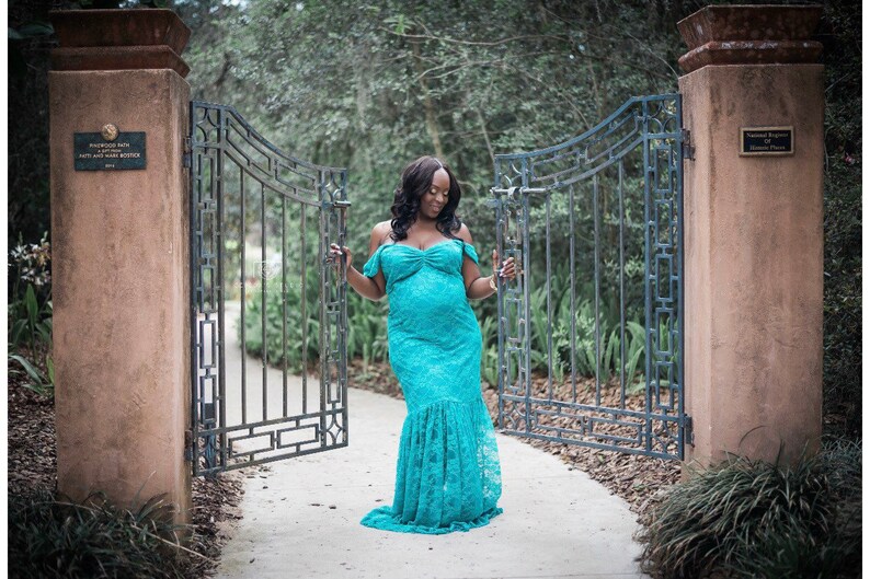 Plus size Teal Lace Maternity Gown Mermaid Slim Fit Maternity Dress with drop sleeves Baby shower Maternity Dress Maternity Photo Props