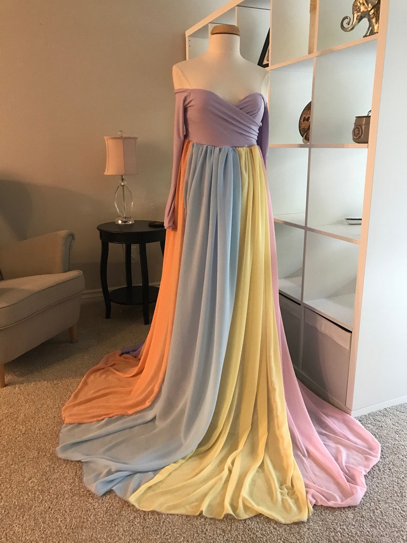 Rainbowmaternity dressbaby shower dressMaternity GownChiffon DressPhoto shoot dressrainbow babylong sleeves dress