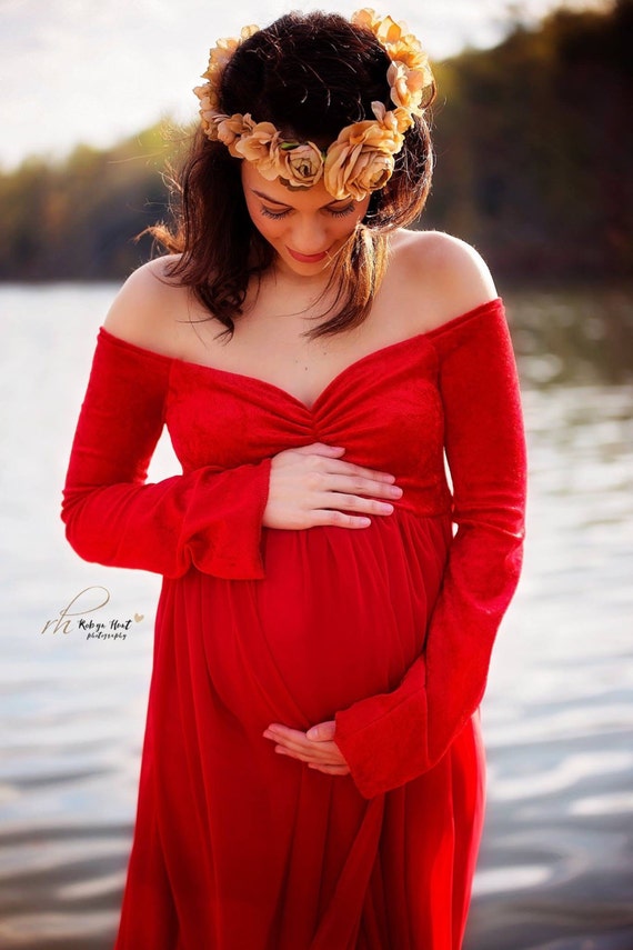 Red Velvet Chiffon off shoulder long sleeves maternity gown Etsy