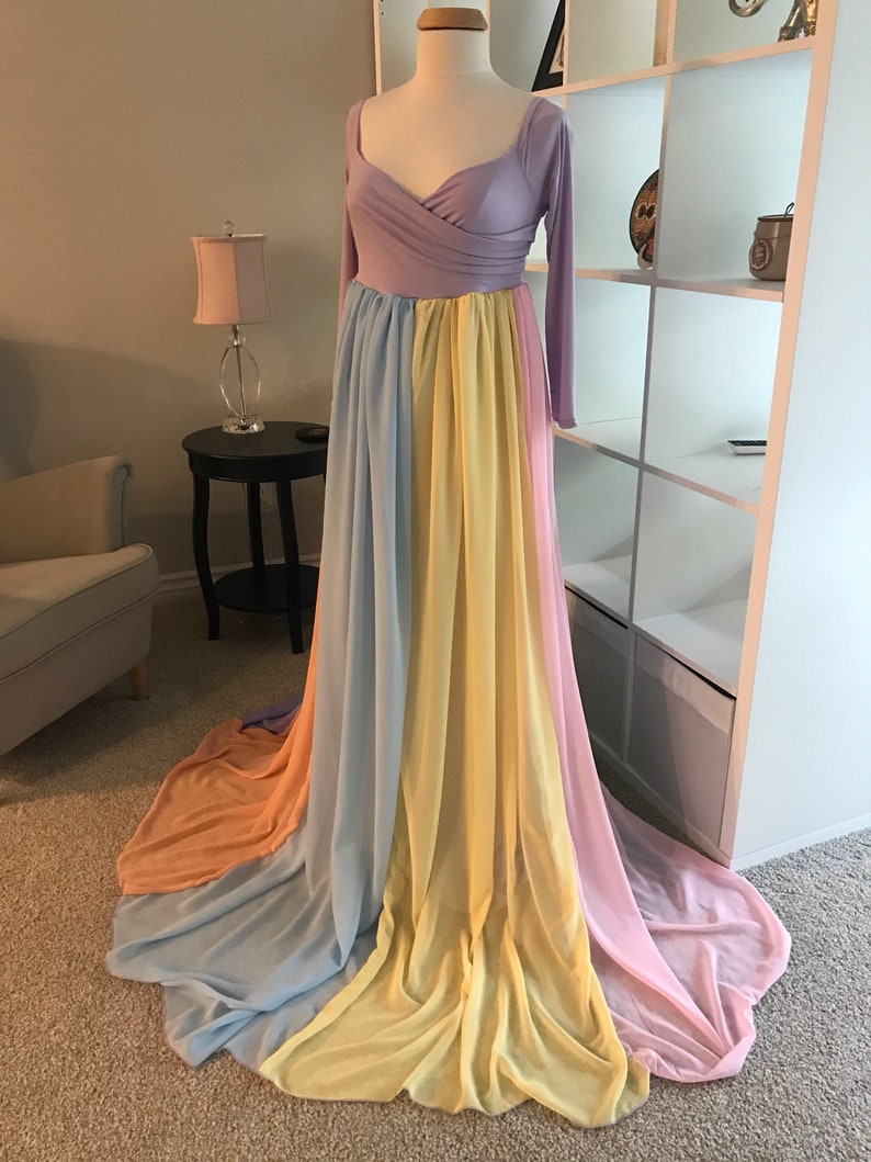 Rainbowmaternity dressbaby shower dressMaternity GownChiffon DressPhoto shoot dressrainbow babylong sleeves dress