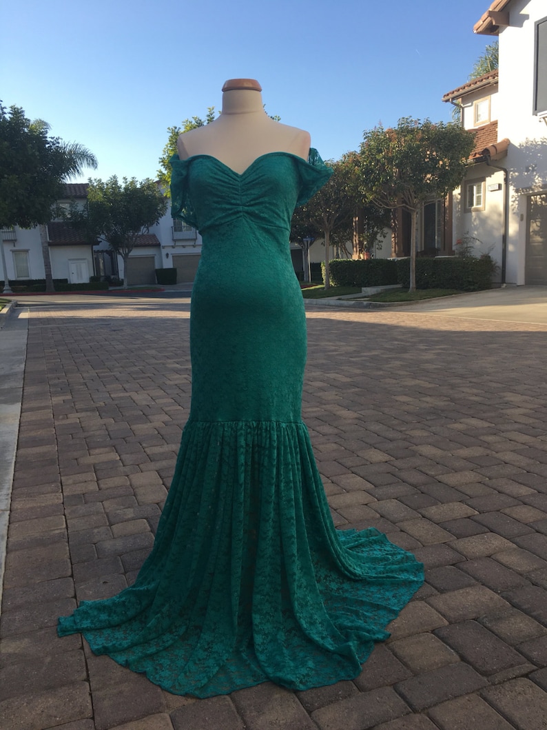 Plus size Teal Lace Maternity Gown Mermaid Slim Fit Maternity Dress with drop sleeves Baby shower Maternity Dress Maternity Photo Props