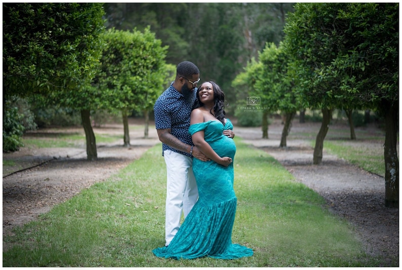 Plus size Teal Lace Maternity Gown Mermaid Slim Fit Maternity Dress with drop sleeves Baby shower Maternity Dress Maternity Photo Props