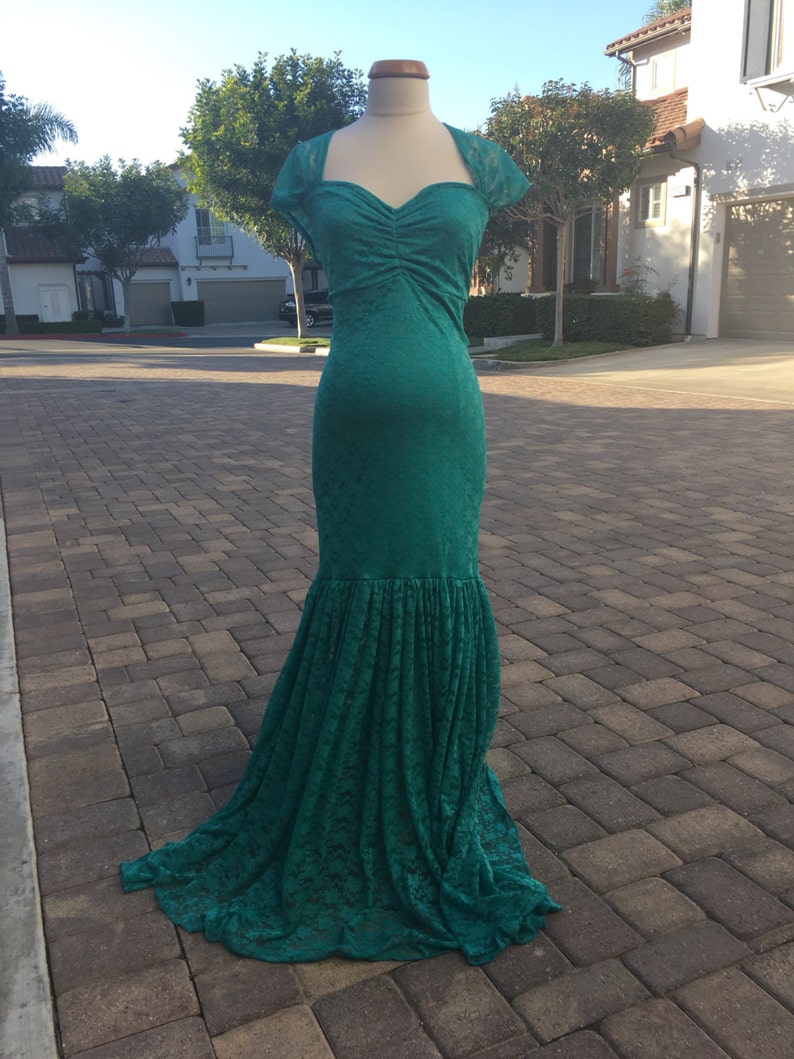 Plus size Teal Lace Maternity Gown Mermaid Slim Fit Maternity Dress with drop sleeves Baby shower Maternity Dress Maternity Photo Props