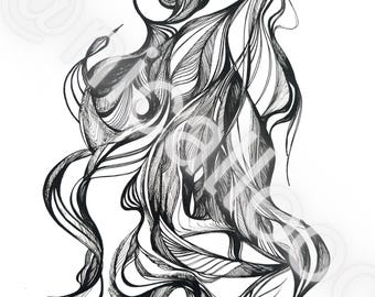 Sin título – Impresión artística con tinta a pluma / Dibujo abstracto en blanco y negro / Arte mural minimalista surrealista