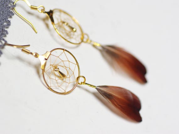 Boucles d/'Oreilles plumes noires chaines dorées et noires top tendance