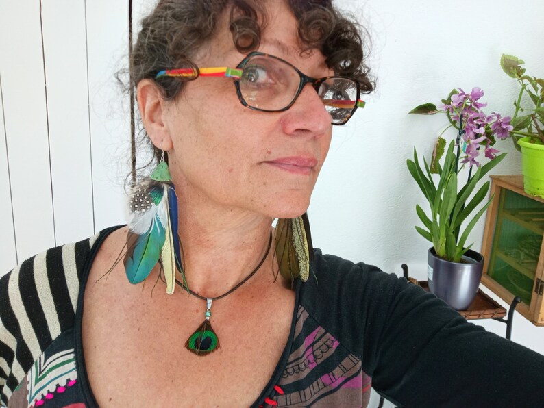 f\u00eate des m\u00e8res bouquet de plumes boh\u00e8me plumes naturelles bleu-vert id\u00e9e cadeau pour elle Collier original Jungle femme naturelle