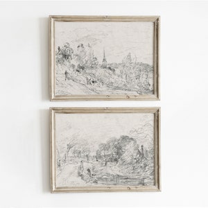 Antieke landschapsschetsset | Afdrukbare vintage landschapstekeningen
