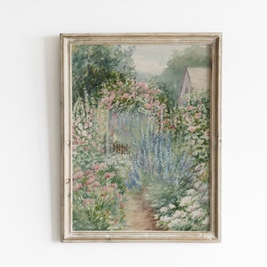 Spring garden wall art, vintage garden landscape painting, pastel floral print, printable landscape art