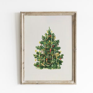 May include: A vintage illustration of a Christmas tree decorated with candles, ornaments, and a star on top. The tree is green with a white background.