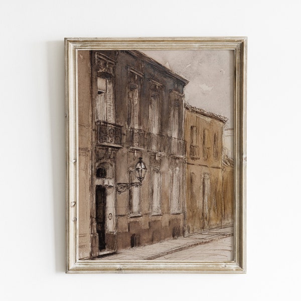 Vintage European wall art print, French city painting, warm aesthetic antiuqe prints, muted village painting, rustic country wall art