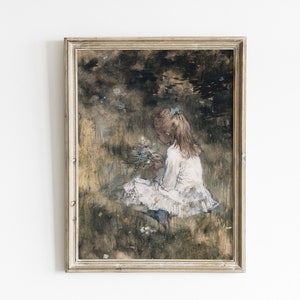 May include: A framed painting of a young girl in a white dress sitting in a field of flowers. The painting is done in a soft, muted palette of browns, greens, and blues.