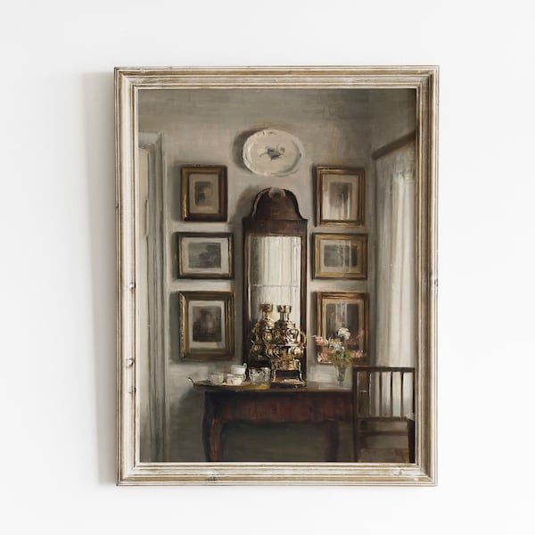 Vintage moody classical wall decor, Antique interior oil painting, antique gallery wall decor, traditional wall art, vintage home prints