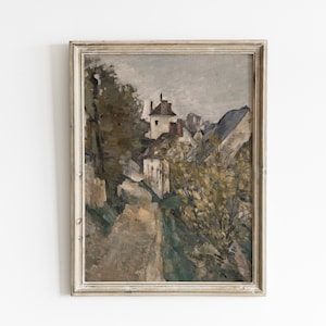Antique European village oil painting for rustic neutral wall decor
