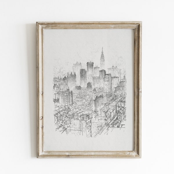 Vintage New York City sketch poster, New York City panoramic skyline art print, city sketch poster print, antique architecture drawing