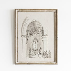 Op de afbeelding: Zwart-witte inkttekening van een kerkinterieur met een gewelfd plafond, een glas-in-loodraam en figuren die in het schip staan. De tekening is ingelijst in een licht houten lijst.