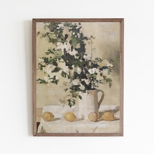 Vintage lemon print, neutral still life painting, flower vase painting, fruit kitchen art print, digital download art