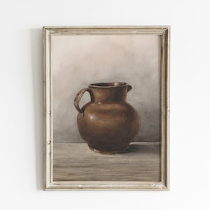 Antique farmhouse kitchen jug print, vintage pottery painting, neutral decor wall art, printable art