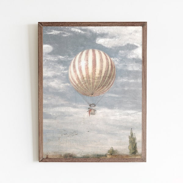 Vintage hot air balloon art print, nursery wall decor, pink girls room wall art, printable pastel wall art