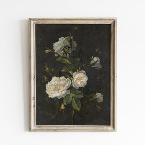 Antique White Roses Oil Painting: Vintage Botanical Still Life (Digital Download)