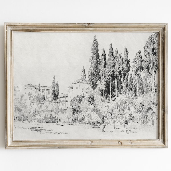 Antique Tuscan village sketch for rustic country decor, ink sketch drawing, vintage architecture landscape drawing, minimalist art print