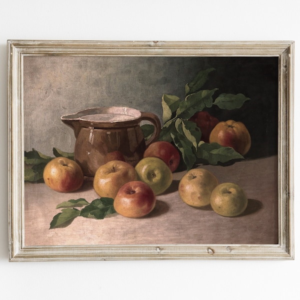 Vintage fruit kitchen still life art, rustic country apple painting print, digital download art