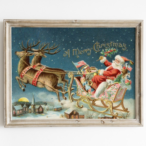 Vintage Santa sleigh and reindeer print, retro christmas art, Santa Claus print, santa wall art, vintage christmas decor, printable art