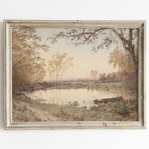 Vintage schilderij herfstmeer: rustieke landschapskunstprint (digitale download)