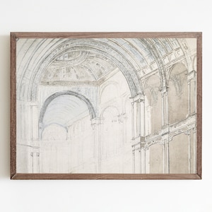 Vintage architecture wall art, antique architecture drawing, warm aesthetic decor, minimalist wall art, line art sketch, vintage etching