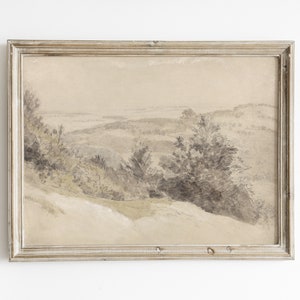 Vintage Landscape Sketch Art Print: Tonal Farmhouse Scenery (Digital Download)