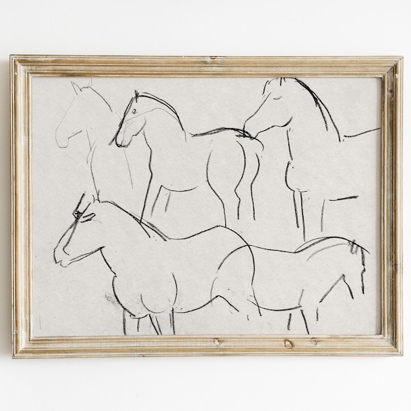 peinture de cheval vintage, dessin antique, art mural minimaliste, tirages de ferme, croquis abstrait, dessin au trait, tirages de pays, art imprimable moderne