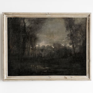 Moody dark forest landscape painting, vintage rustic nature art print, digital download art