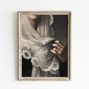 Vintage Woman Portrait Painting: Gold Lace Veil Antique Art (Digital Download)
