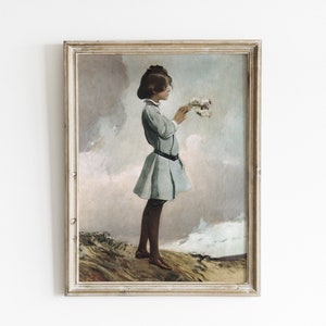 Vintage girl portrait painting, girls room art print, neutral wall art, antique portrait painting, female oil painting, child wall art print